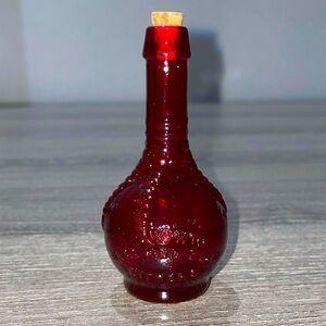 VINTAGE BALL & CLAW Red Miniature Glass Bottle W/ Cork Top 3”